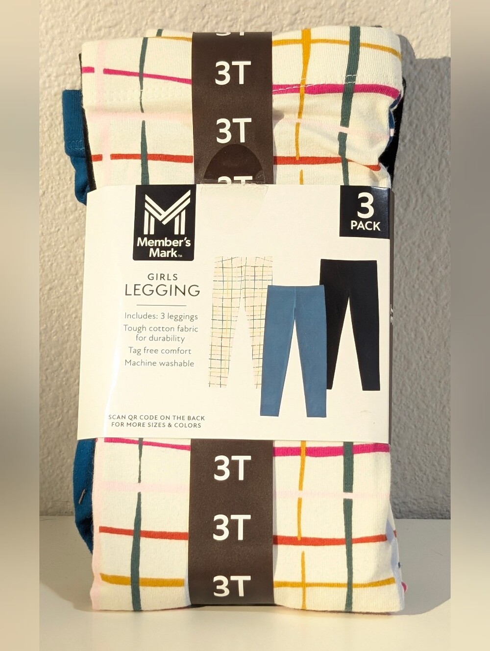 👧 Member's Mark Girls Leggings 3-Pack Size 3T NWT Plaid Teal Black Tough Cotton
